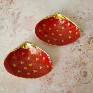 Hand Painted Shell Red with Gold Hearts Jewelry Trinket Dish Gold Leaf Trim-2